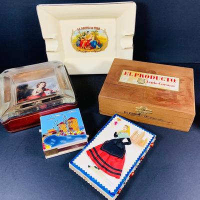 LOT:54: Large Vintage Ashtrays, Cigar Box and Vintage Match Book Cases