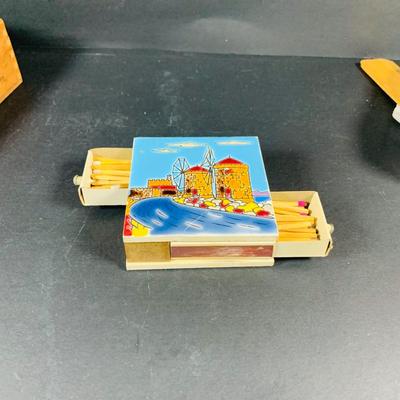 LOT:54: Large Vintage Ashtrays, Cigar Box and Vintage Match Book Cases