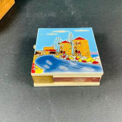 LOT:54: Large Vintage Ashtrays, Cigar Box and Vintage Match Book Cases