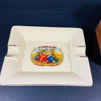 LOT:54: Large Vintage Ashtrays, Cigar Box and Vintage Match Book Cases