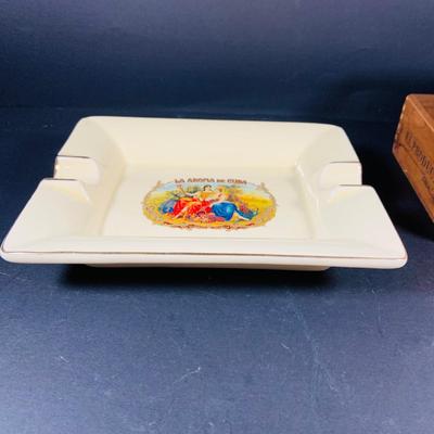 LOT:54: Large Vintage Ashtrays, Cigar Box and Vintage Match Book Cases