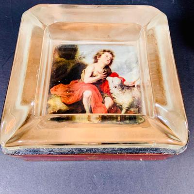 LOT:54: Large Vintage Ashtrays, Cigar Box and Vintage Match Book Cases