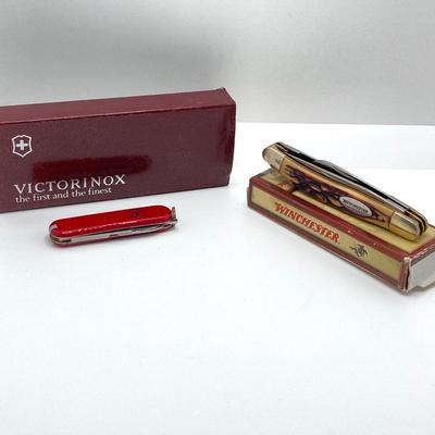 LOT 57: Olive Drab Right Angle Flashlight, Swiss Army Pen Knife, Winchester Folding Knife, Light Marker and More