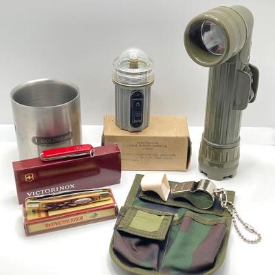 LOT 57: Olive Drab Right Angle Flashlight, Swiss Army Pen Knife, Winchester Folding Knife, Light Marker and More