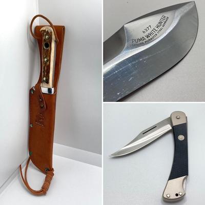 LOT 58: Pair of German Puma Knives - 6377 White Hunter with Leather Sheath and Puma 270 Lock Back Folding