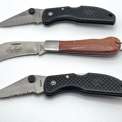 LOT 59: Manon 3,0 x Eschenback Optik Binoculars with Case, Sheffield Knives and Sharp Pocket Knife