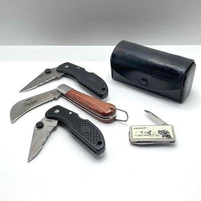 LOT 59: Manon 3,0 x Eschenback Optik Binoculars with Case, Sheffield Knives and Sharp Pocket Knife