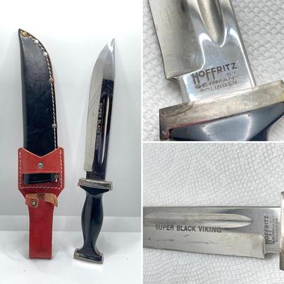 LOT 61: Super Black Viking Hoffritz N.Y. German Solingen Knife with Leather Sheath