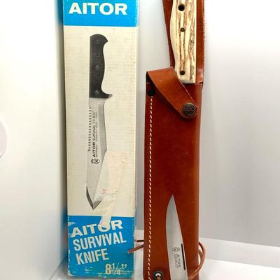 LOT 63: Pair of Aitor Knives - Survival with Leather Sheath and Original Box and Lock Back Folding