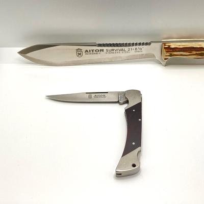 LOT 63: Pair of Aitor Knives - Survival with Leather Sheath and Original Box and Lock Back Folding
