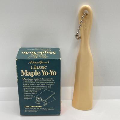 LOT 65: Vintage Solingen German Horn Handle Cigar Cutter, Eddie Bauer Classic Maple Yo-Yo / Shoe Horn, Sharp Folding Pocket Knife and More