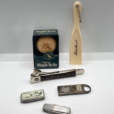 LOT 65: Vintage Solingen German Horn Handle Cigar Cutter, Eddie Bauer Classic Maple Yo-Yo / Shoe Horn, Sharp Folding Pocket Knife and More