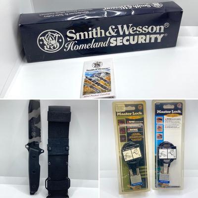 LOT 67: Smith & Wesson Homeland Security CKSUR5 Tanto Knife with Sheath in Original Box and Pair of Master Lock Gun Locks