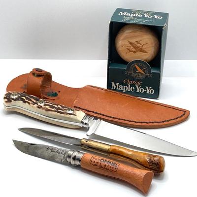 LOT 71: Collection of Knives - Opinel France Folding, Rehwappen Linder-Messer with Leather Sheath, Carved Wood Handle Folding with Eddie...