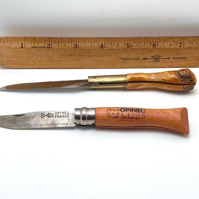 LOT 71: Collection of Knives - Opinel France Folding, Rehwappen Linder-Messer with Leather Sheath, Carved Wood Handle Folding with Eddie...
