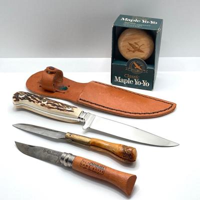 LOT 71: Collection of Knives - Opinel France Folding, Rehwappen Linder-Messer with Leather Sheath, Carved Wood Handle Folding with Eddie...