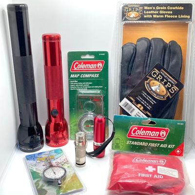 LOT 72: Camping / Outdoor Essentials - Pair of Mag-Lites, Compasses, Leather Gloves, First Aid Kit and More