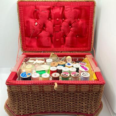 LOT 75: Vintage Sewing Notions - Storage Basket, Tins, Kit and More
