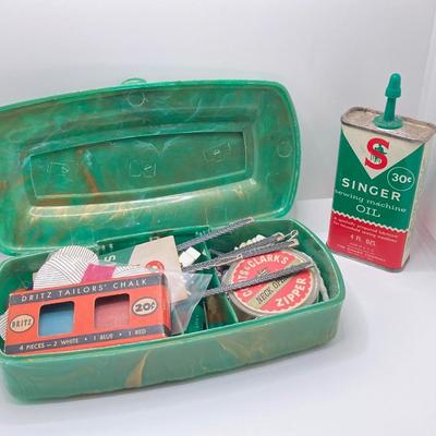 LOT 75: Vintage Sewing Notions - Storage Basket, Tins, Kit and More