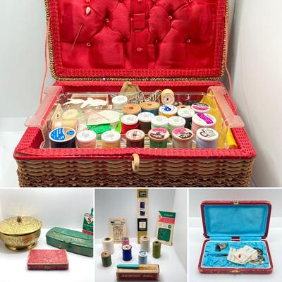 LOT 75: Vintage Sewing Notions - Storage Basket, Tins, Kit and More