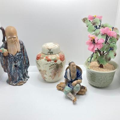 LOT 78: Asian Themed Collection - Jade Glass Bonsai Tree, Ginger Jar, Shou Lao Shouxing (God of Longevity) Figurine and More