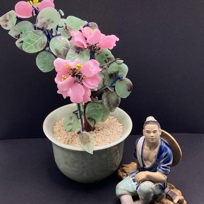LOT 78: Asian Themed Collection - Jade Glass Bonsai Tree, Ginger Jar, Shou Lao Shouxing (God of Longevity) Figurine and More