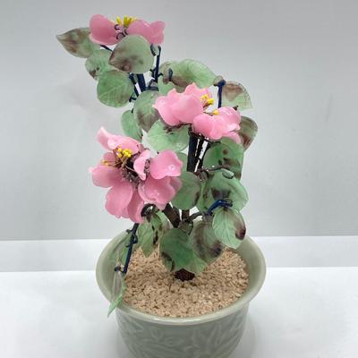 LOT 78: Asian Themed Collection - Jade Glass Bonsai Tree, Ginger Jar, Shou Lao Shouxing (God of Longevity) Figurine and More