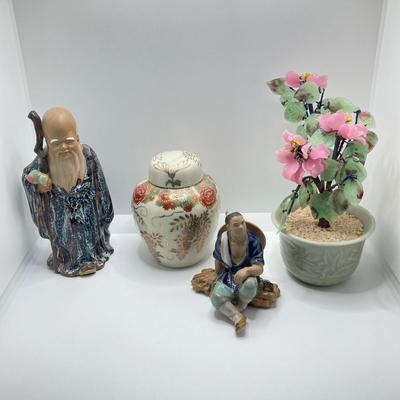LOT 78: Asian Themed Collection - Jade Glass Bonsai Tree, Ginger Jar, Shou Lao Shouxing (God of Longevity) Figurine and More