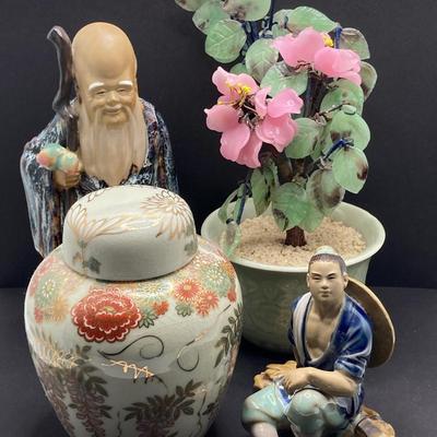 LOT 78: Asian Themed Collection - Jade Glass Bonsai Tree, Ginger Jar, Shou Lao Shouxing (God of Longevity) Figurine and More