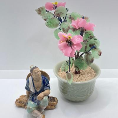 LOT 78: Asian Themed Collection - Jade Glass Bonsai Tree, Ginger Jar, Shou Lao Shouxing (God of Longevity) Figurine and More