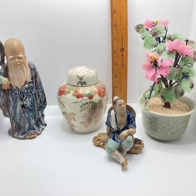 LOT 78: Asian Themed Collection - Jade Glass Bonsai Tree, Ginger Jar, Shou Lao Shouxing (God of Longevity) Figurine and More