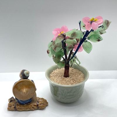 LOT 78: Asian Themed Collection - Jade Glass Bonsai Tree, Ginger Jar, Shou Lao Shouxing (God of Longevity) Figurine and More