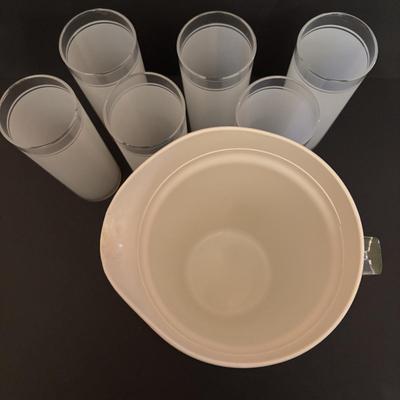 LOT 84: Vintage MCM Frosted Iced Tea Glasses, Vintage MCM Turquoise Ice Bucket & Pitcher