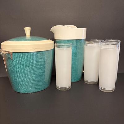 LOT 84: Vintage MCM Frosted Iced Tea Glasses, Vintage MCM Turquoise Ice Bucket & Pitcher
