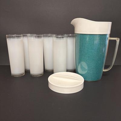 LOT 84: Vintage MCM Frosted Iced Tea Glasses, Vintage MCM Turquoise Ice Bucket & Pitcher