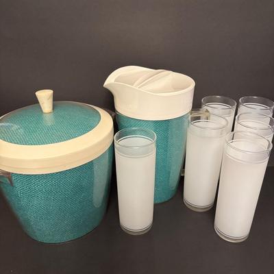 LOT 84: Vintage MCM Frosted Iced Tea Glasses, Vintage MCM Turquoise Ice Bucket & Pitcher