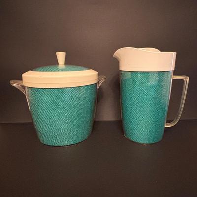 LOT 84: Vintage MCM Frosted Iced Tea Glasses, Vintage MCM Turquoise Ice Bucket & Pitcher
