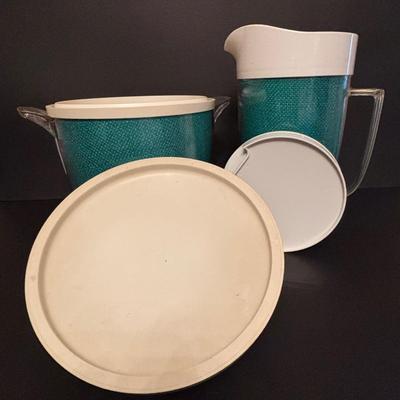 LOT 84: Vintage MCM Frosted Iced Tea Glasses, Vintage MCM Turquoise Ice Bucket & Pitcher