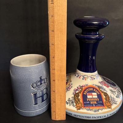 LOT 86: Wade/Staffordshire British Navy Pussers Rum Decanter, Western Germany HB salt Glaze Stein, Vintage Metal Made in Germany Shot...