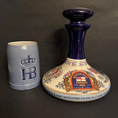 LOT 86: Wade/Staffordshire British Navy Pussers Rum Decanter, Western Germany HB salt Glaze Stein, Vintage Metal Made in Germany Shot...
