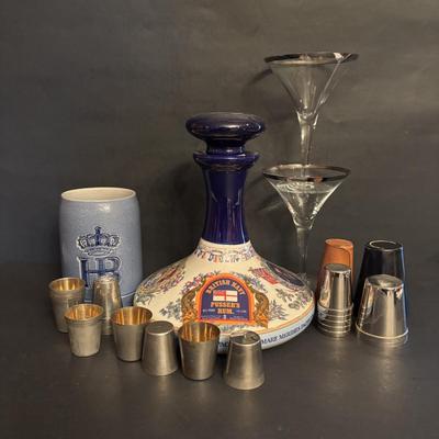 LOT 86: Wade/Staffordshire British Navy Pussers Rum Decanter, Western Germany HB salt Glaze Stein, Vintage Metal Made in Germany Shot...