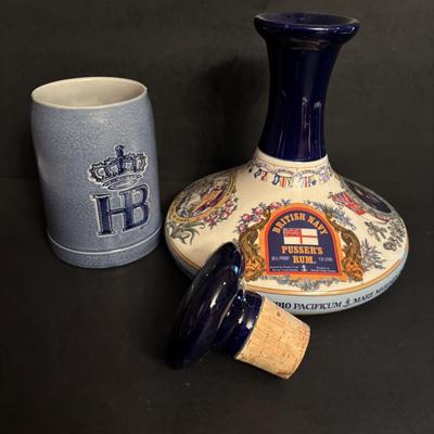 LOT 86: Wade/Staffordshire British Navy Pussers Rum Decanter, Western Germany HB salt Glaze Stein, Vintage Metal Made in Germany Shot...