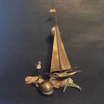 LOT 94: Mario Jason Originals Handmade & Signed Brass Sailboat Sculpture, Casa Fernandez Hand Carved & Painted Bird, Brass Whale...