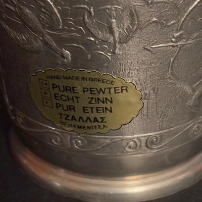 LOT 99: Royal Daulton Miniature Tobey Pitchers, Embossed Lightweight Brass Pitcher, England & Pewter Mugs