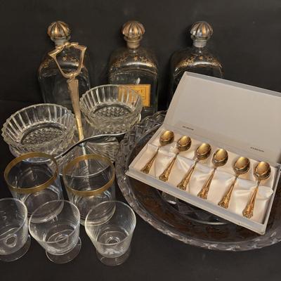 LOT 100: Vintage Janis Collection 24K Plated Spoons, Vintage Liquor Bottle Decanters, Stieff &Limoges Decanter Labels & More