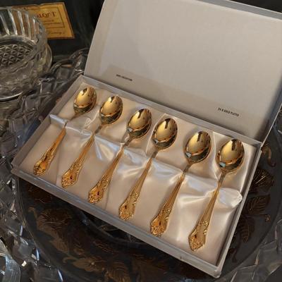 LOT 100: Vintage Janis Collection 24K Plated Spoons, Vintage Liquor Bottle Decanters, Stieff &Limoges Decanter Labels & More