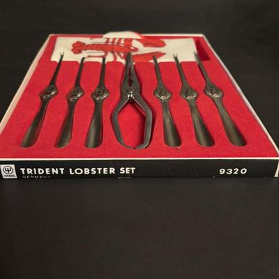 LOT 101: Vintage Dreizack Solingen Bar Tool Kit in Wooden Box, Trident Lobster Set, Godinger Serving Tongs, Hand Painted Crystal Bowl...