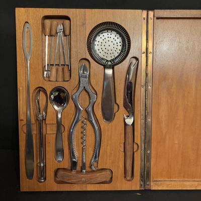LOT 101: Vintage Dreizack Solingen Bar Tool Kit in Wooden Box, Trident Lobster Set, Godinger Serving Tongs, Hand Painted Crystal Bowl...