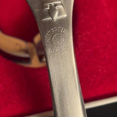 LOT 101: Vintage Dreizack Solingen Bar Tool Kit in Wooden Box, Trident Lobster Set, Godinger Serving Tongs, Hand Painted Crystal Bowl...