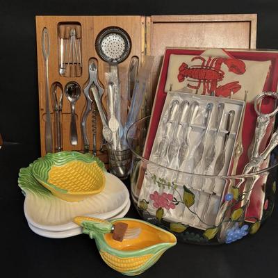LOT 101: Vintage Dreizack Solingen Bar Tool Kit in Wooden Box, Trident Lobster Set, Godinger Serving Tongs, Hand Painted Crystal Bowl...